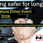 Close-up of an older person's hands on a car steering wheel, advertising a mature driver event on 18 May 2026.