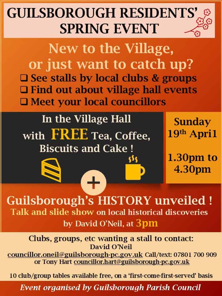 Poster for Guilsborough Residents’ Spring Event with event info, activities, and contact details on a yellow background.