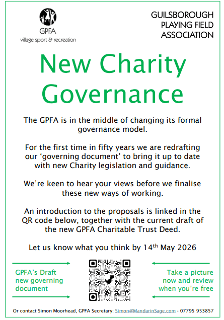 Poster announcing new charity governance for Guilsborough Playing Field Association, with QR code for feedback.