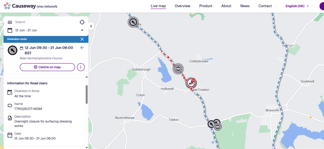 Map showing a road diversion near Creaton, with road closures and alternative routes marked.