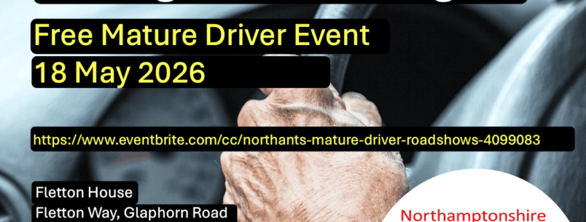 A hand on a steering wheel, promoting a free mature driver event on 18 May 2026 by NSRA in Northamptonshire.