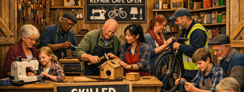 Volunteers at a busy community repair shed, fixing various items and working together around workbenches.
