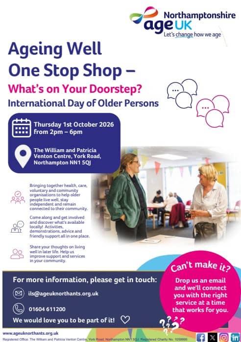 Poster for an Ageing Well event on 1 Oct 2026 with text and people chatting at a table in a community centre.